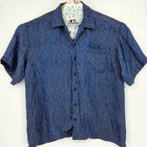 Vintage ODO Shirt Mens XXL Button Up‎ Metallic Fire Flames Blue Short Sleeve